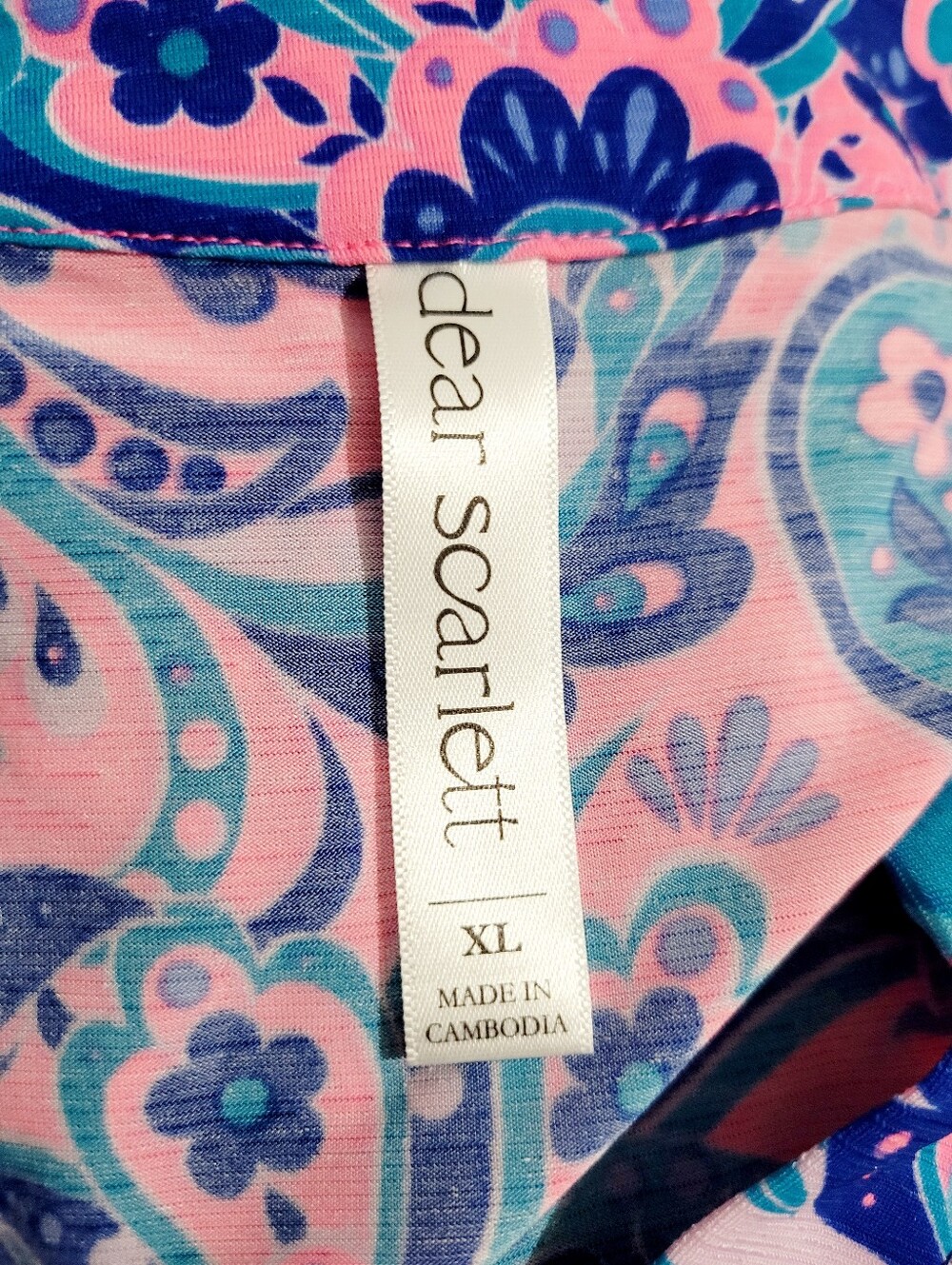Dear Scarlett Size XL Paisley Tunic Top Pink Blue Roll Tab Sleeve Stretch Boho - Picture 6 of 13
